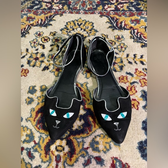 Black Cat Face Pointed Toe Flats with Ankle Strap - Picture 3 of 7